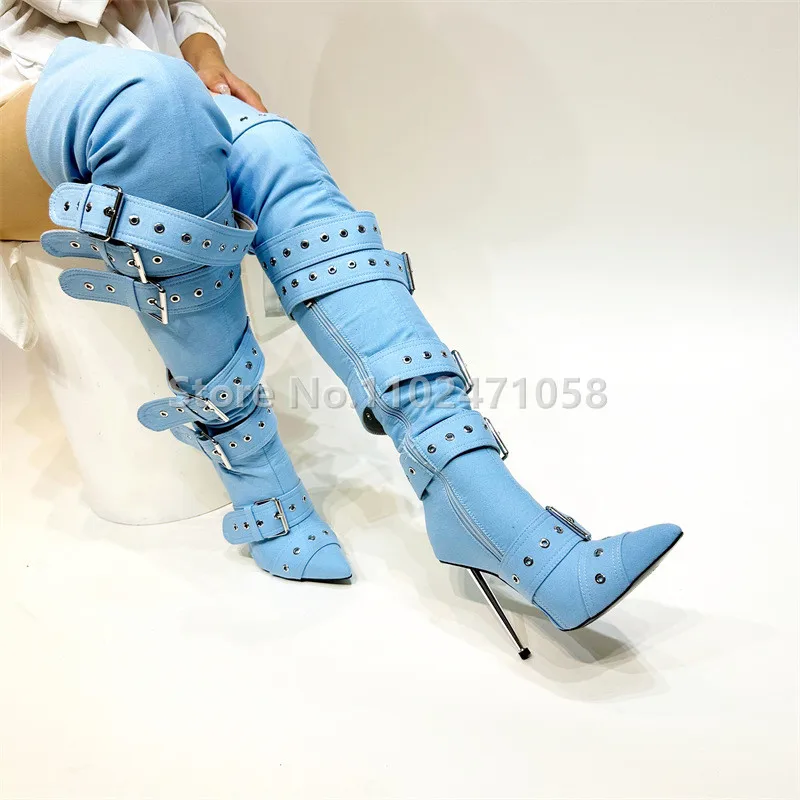 

Punk Style Belt Buckle Metal Decor Over The Knee Boots for Women Sexy Pointed Toe Thin Heels Zipper Long Boots Ladies Hight Heel