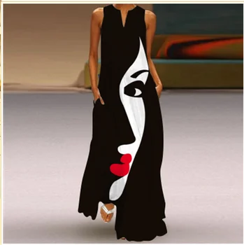 Fashion Lady Summer Long Women's Dress Black Sleeveless Loose Face Print Elegant Party Dresses For Women Casual Beach Dress Robe 1