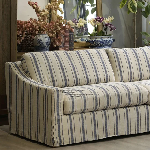 Nordic Wabi-Sabi Mid-Century Striped Linen Fabric Two-Three Seater Sofa, Detachable and Washable, Living Room Furniture 5