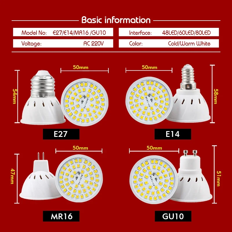 1-10pcs E27 E14 MR16 GU10 Lampada LED 전구 AC 110V 220V Bombillas Led 램프 48 60 80 LED 스포트라이트 2835 SMD Lampara 빛