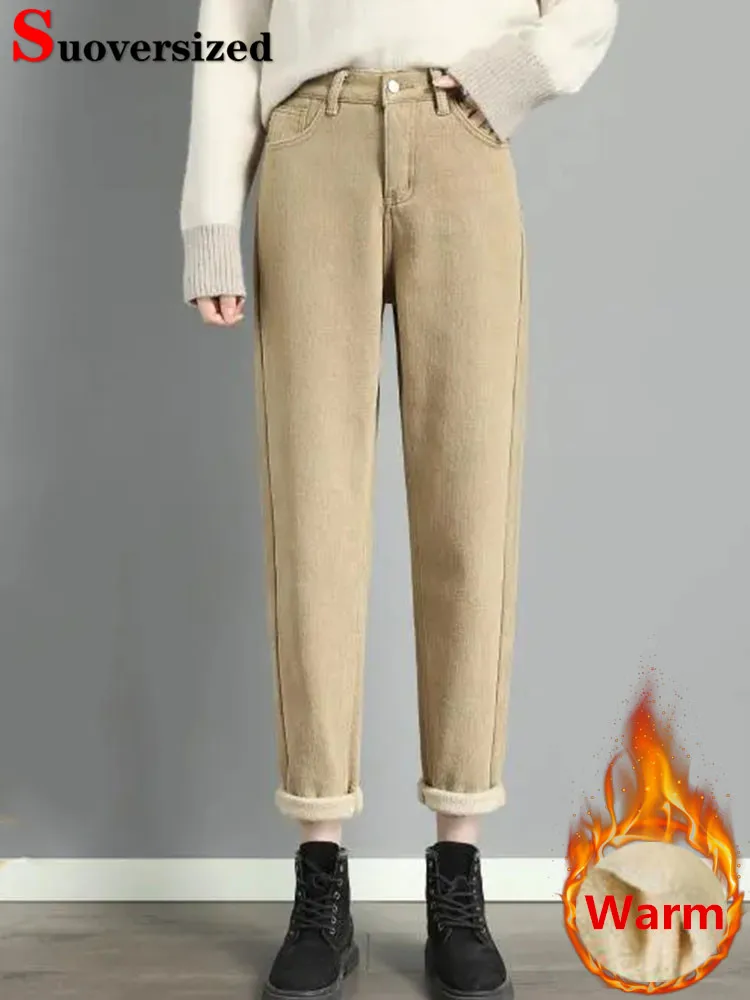 

Velvet Lined High Waist Jeans Harem Pants Winter Plush Baggy Ankle-length Vaqueros Pantalones Warm Thick Women New Denim Spodnie