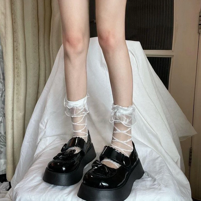

Ladies Girls Thin Sheer Socks Bow Knot Sheer Mesh Socks Sweet Lolita Style Cross Pattern Casual Socks Sheer Sheer Socks