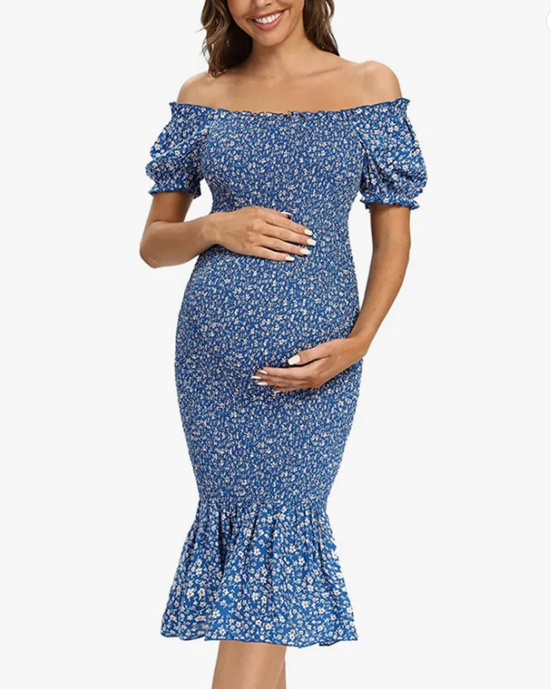 

Maternity Dresses Summer 2023 Floral Print Blue Beach Dress Boho For Photo Shoot Mini Sundress Elegant Party Dress Vestidos