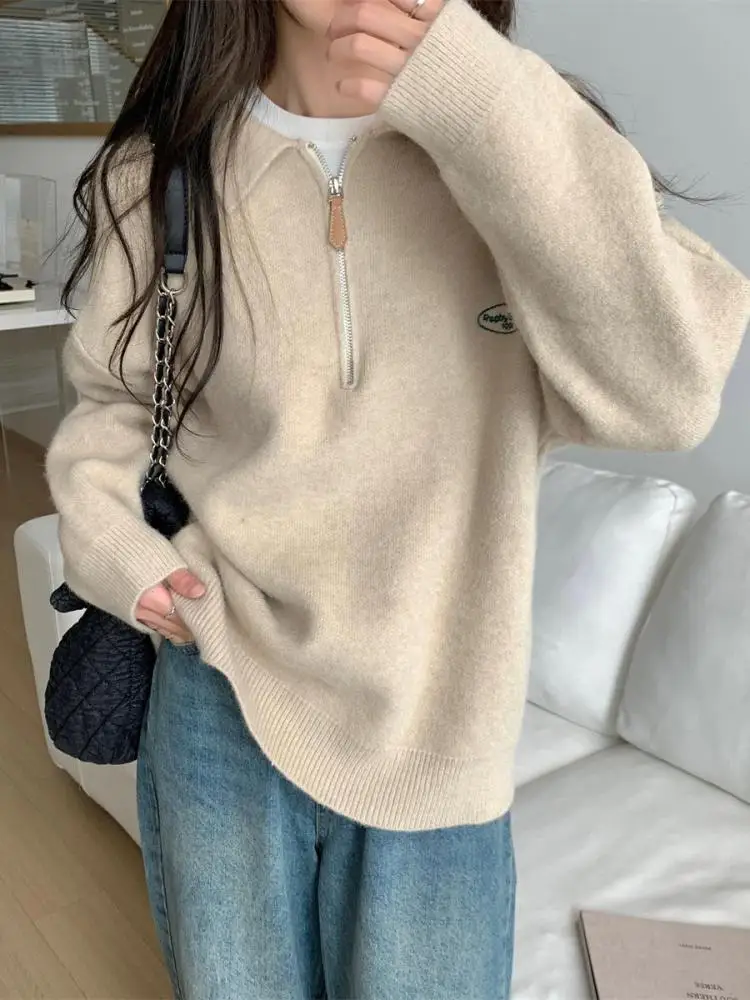 Autumn Winter Solid Simplicity Long Sleeve Loose Zipper Knitted Sweater Korean Fashion Women's Holiday Short Tops Popular Casual