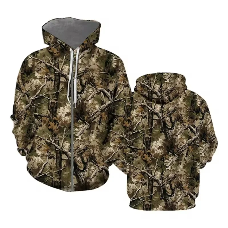 thumbnail image 1 of Sudadera con capucha y estampado 3D de hojas marchitas para hombre, sudadera con estampado de camuflaje forestal, sudadera informal de otoño con cremallera de gran tamaño, 1 of 5
