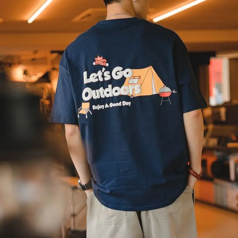 المألوف الرجعية الكورية رسالة مطبوعة قصيرة الأكمام تي شيرت الرجال عادية Y2K الصيف Ins فضفاضة شخصية نصف كم