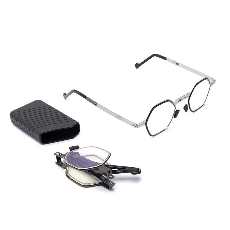thumbnail image 1 of Gafas de lectura plegables para hombres y mujeres, montura totalmente metálica, antiluz azul, con estuche y paño gratuitos., 1 of 5