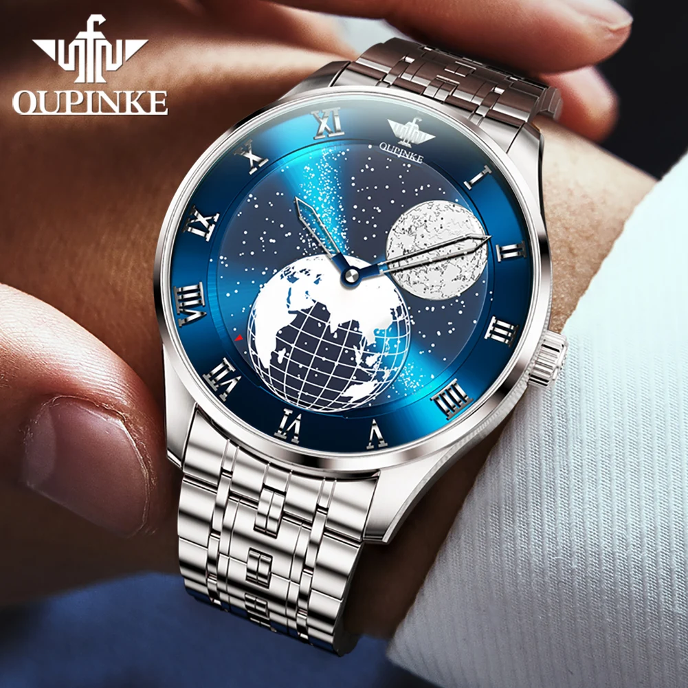 OUPINKE 3230 Men's Watches Starry Sky Earth Dial Waterproof Automatic Mechanical Watch Double Needle Design Imported Movement
