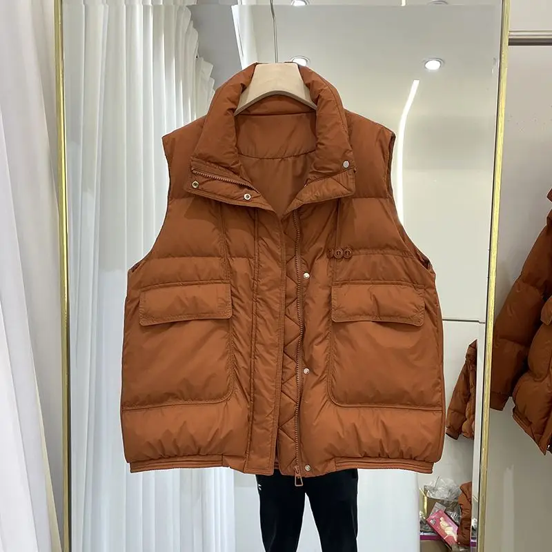 

Women Short Vest Winter Autumn Winter Korean Style Solid Coat White Duck Down Waistcoat Female Jacket Loose Sleeveless M35