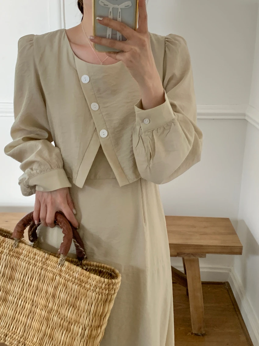 Sommer neue einfarbige schlanke Frauen Kleid süße Damen Frau Freizeit kleid lose Retro gefälschte zweiteilige lang ärmel ige Kleid weiblich – Detail 10