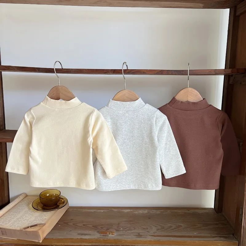 Casual Newborn Baby T-shirt 0-3Years Infant Kids Boy Girl Solid Color Long Sleeve Mock Neck Cotton Tee Undershirt Spring Clothes