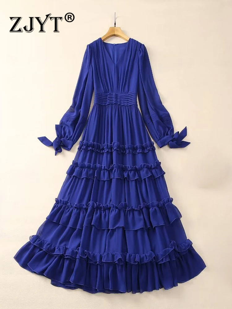 

ZJYT Runway 2024 Spring Party Long Special Occasion Dresses for Women Elegant Ruffles Chiffon Holiday Maxi Vestidos Blue Fashion
