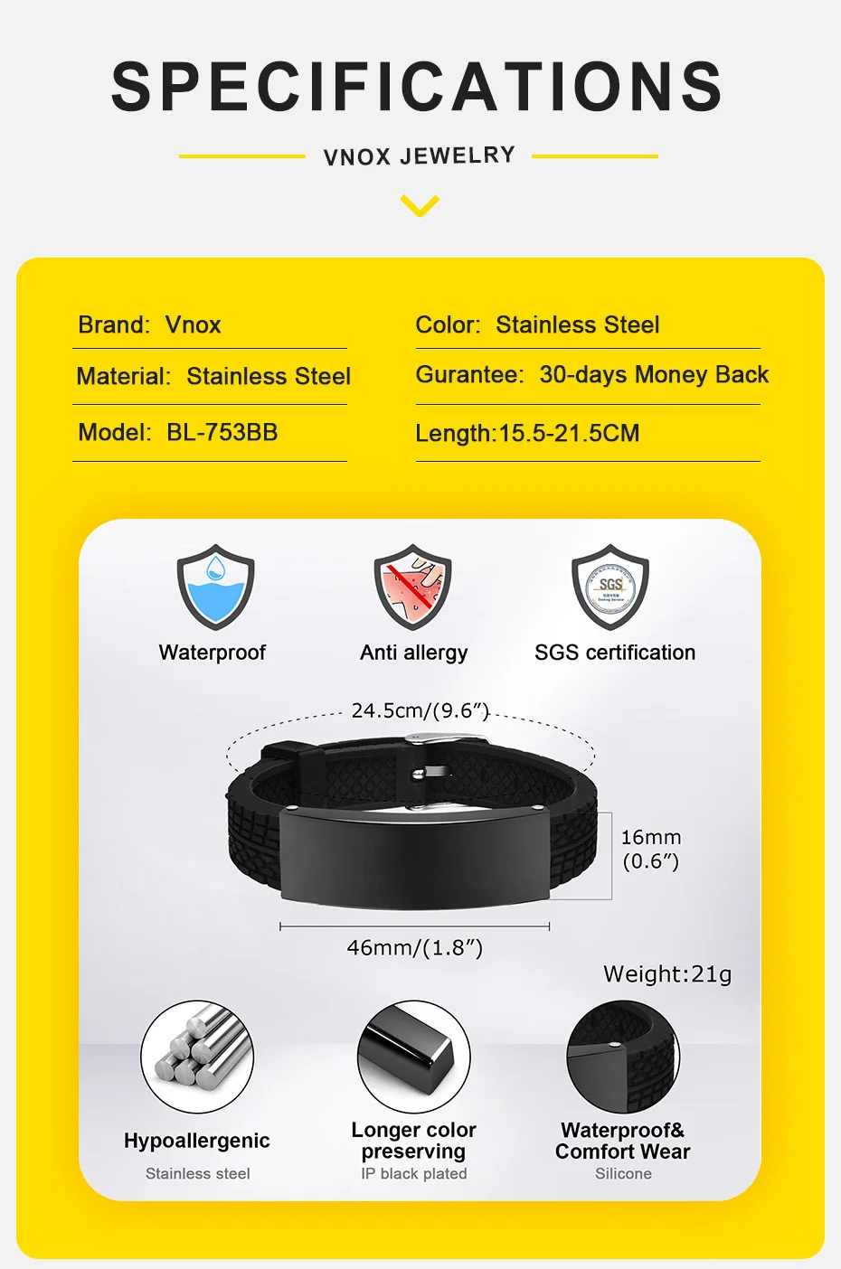 Vnox kostenlose benutzer definierte Edelstahl Armreif für Männer, schwarze Reifen strukturierte Gummi Silikon Armbänder, Komfort tragen Geschenk für Papa Opa – Detail 6