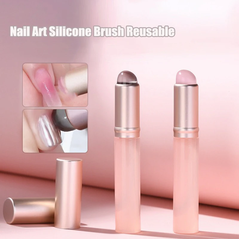 Jelly Pink Nail Art Silicone Brush Reusable Mirror Powder Pigment Applying Manicure Tool Soft Q-elastic Smudge Nail Brush Stick 2