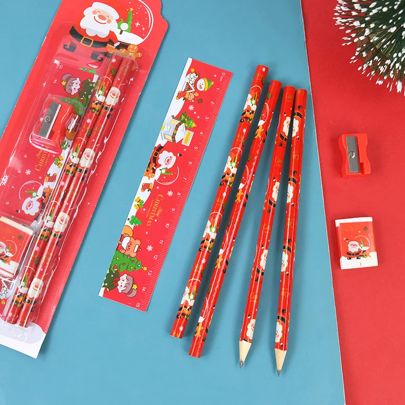 Christmas Stationery Set Kids Cartoon Pencils Eraser Ruler Sharpener Kit Office School Supplies Back To School Gift Kids Rewards