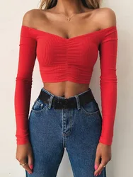Women's Off - Shoulder Long Sleeve Tee - Chic Autumn Fashion - M (Red)