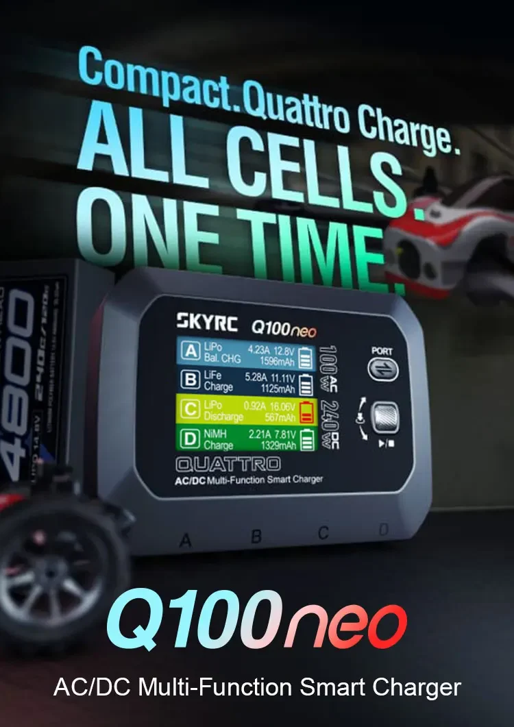 SkyRC Q100neo Chargeur Intelligent 4 Canaux avec batterie LiPo connectée, câbles d'équilibrage et indicateurs LED.