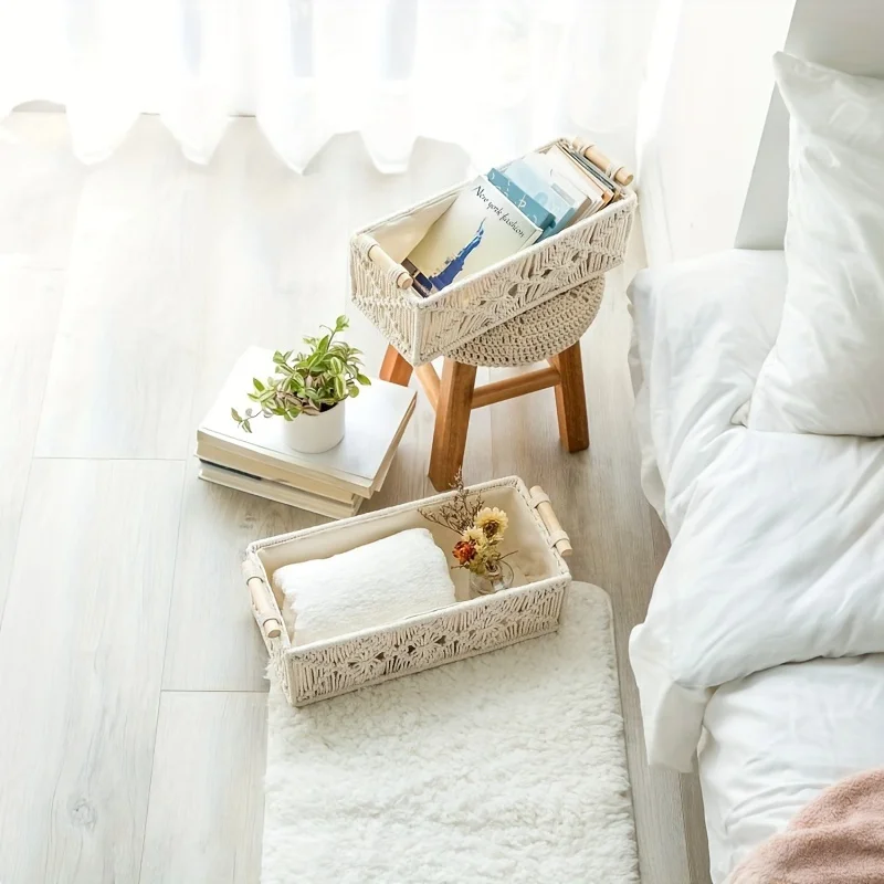 PC Bohemian Hand-Woven Storage Basket - Versatile Organizer for Bathroom, Bedroom & Living Room Decor
