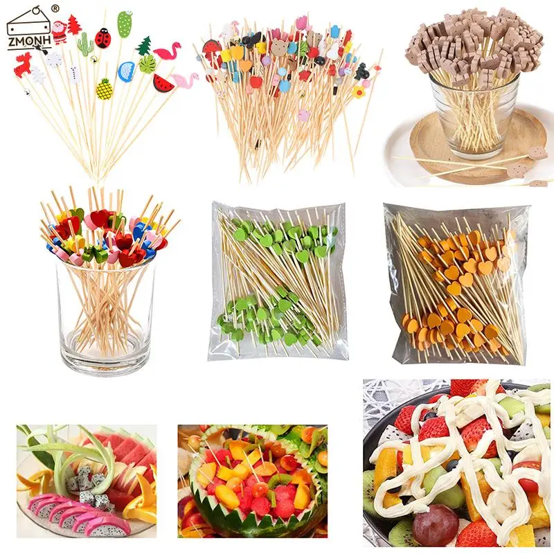 

50/100pcs Mix Heart Fruit Bamboo Pick Buffet Cupcake Fruit Fork Party Dessert Salad Stick Cocktail Skewer For Party Decoration