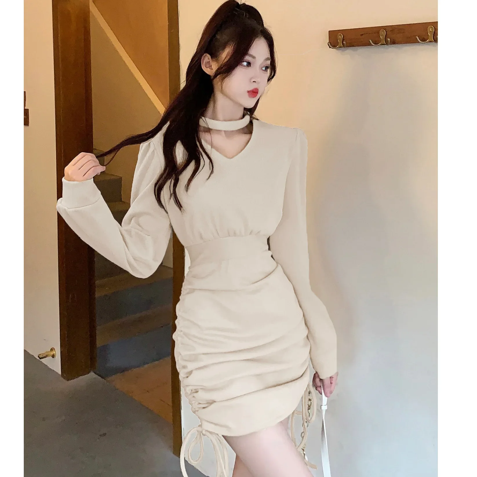 

New Sexy Slim Female Dress Puff Long Sleeve V-Neck High Waist Halter Lace Up Solid Folds Patchwork Bottoming Bag Hip Women Skirt