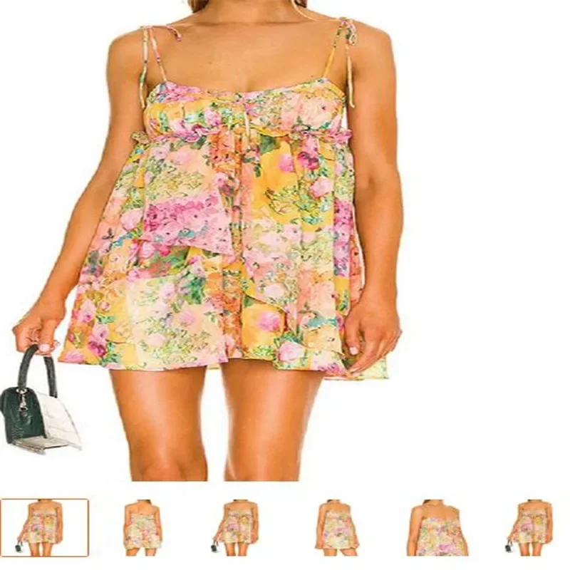 

Bow Ruched Bra Corset Style Flower Print Spaghetti Strap Mini Dress Women Backless Skater Lacing up Sling Robe Holiday