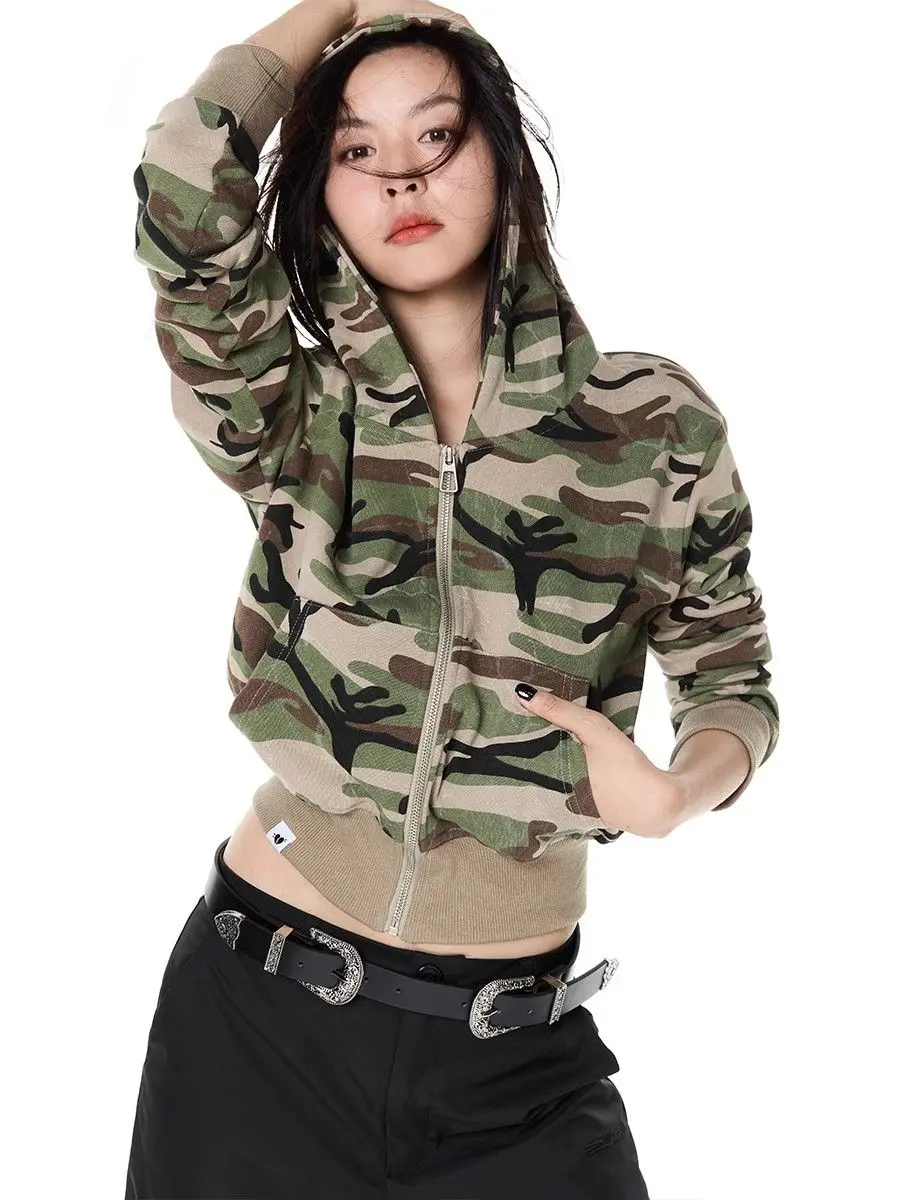 Coats Long Sleeve Zipper Camouflage Hoodie Cardigan American Street Sweatshirts Simple All-Match Slim Fit Tops Women Y2k Jacket