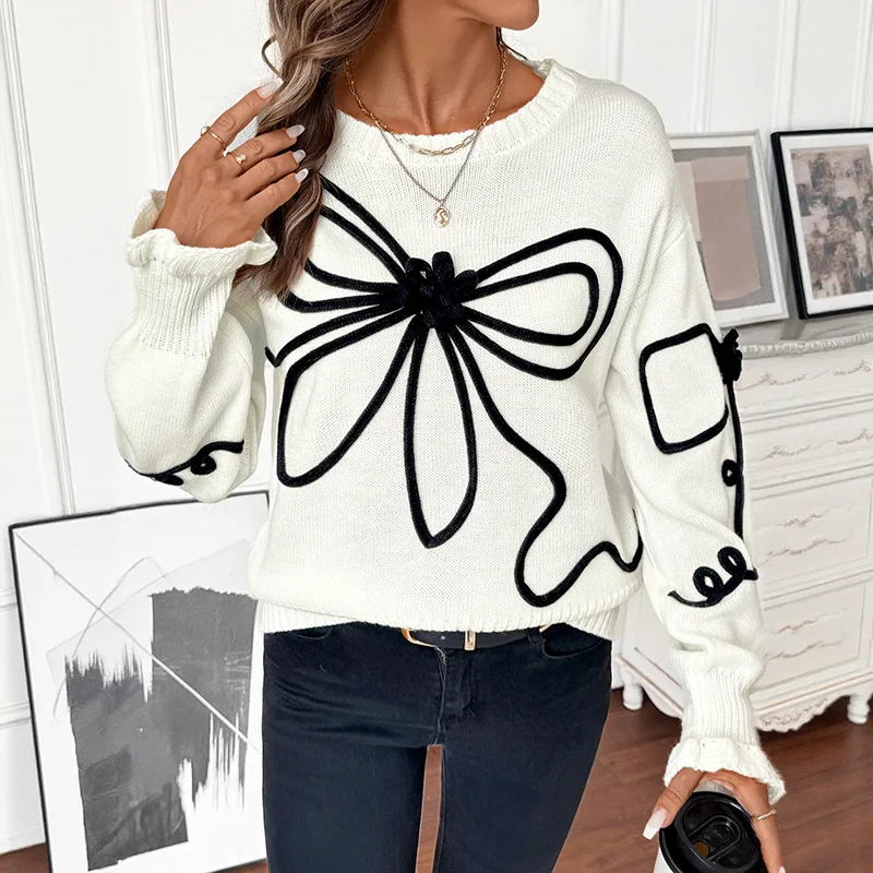Elegant Tops for Women Streetwear 2025 Autumn New Fashion Three-dimensional Bow Round-neck Long Sleeves Pullover Sweater Y2k 2