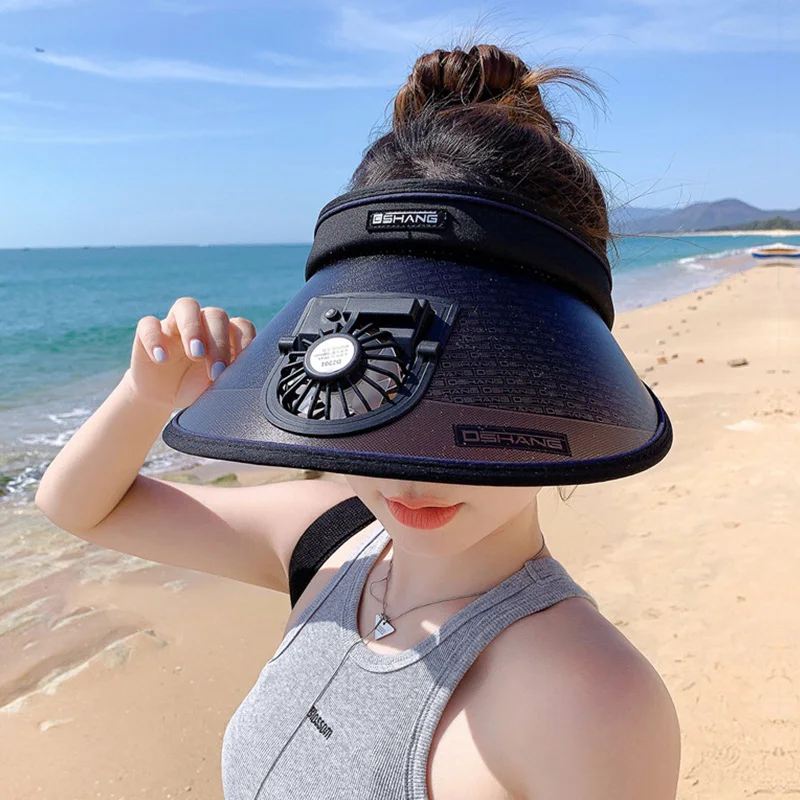 

Summer UV Protection Visor women Beach Hat Regulation Electric Fan Empty Top Hat Holiday Sunshade Bicycle Sun Hat