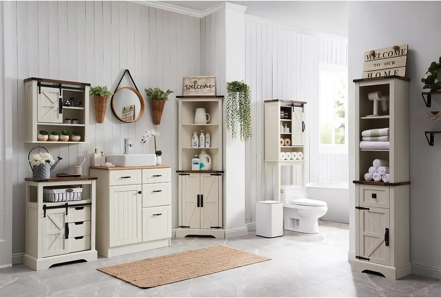 -New-Bathroom Floor Cabinet, Farmhouse Cabinet with Sliding Barn Door & Storage Drawers, Small Storage Cabinet for Bathroom,