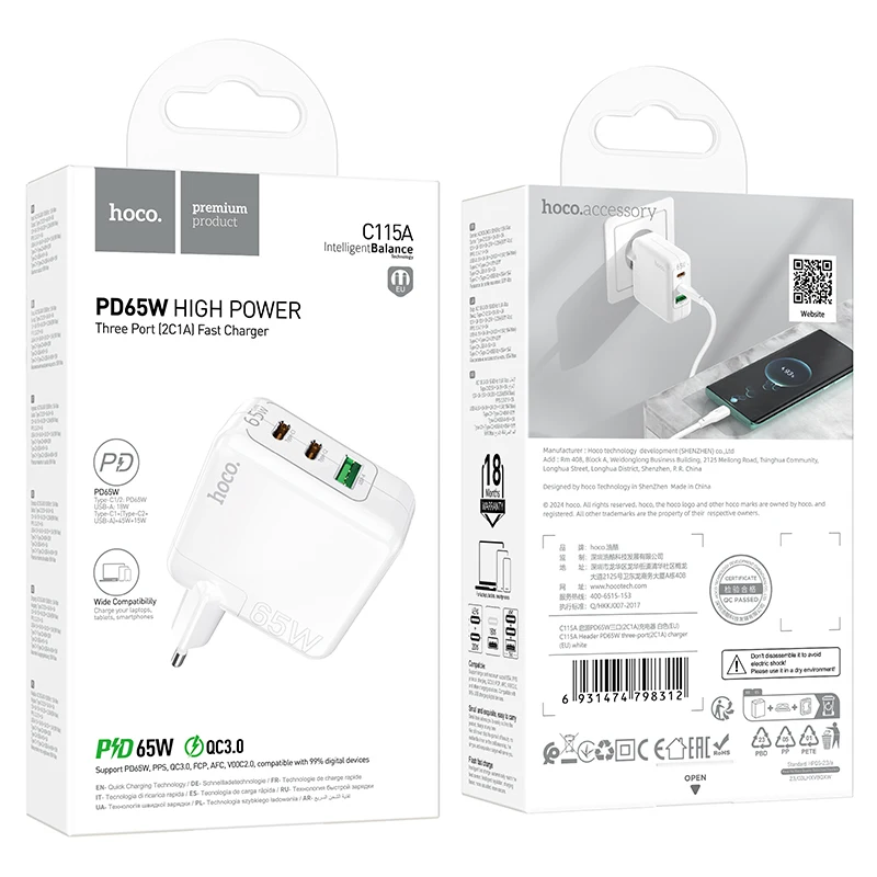 HOCO 65W GaN carga rápida pared viaje cargador de la UE para iPhone 15 14 13 Pro Max PD Dual USBC QC3.0 PPS adaptador pa