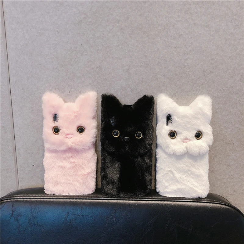 Cute 3D Cartoon Cat Furry Plush Shockproof Phone Case Cover