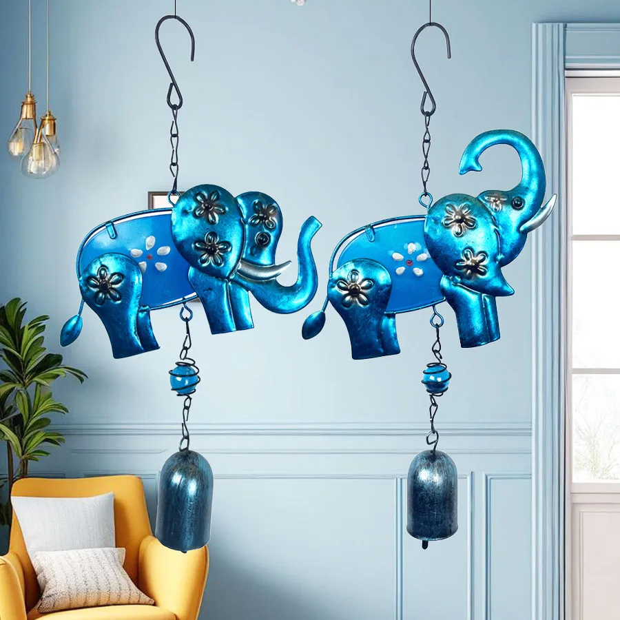 Cute Blue Elephant Bell Wind Chime Gentle Style Indoor Wall Outdoor Courtyard Terrace Porch Hanging Decoration Birthday Valentine's Day Housewarming Gift