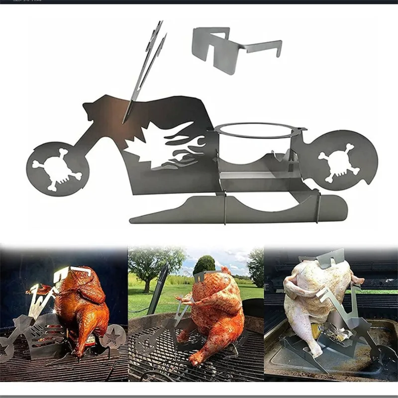 

American Motorcycle BBQ Steel Rack Funny Chicken Stand with Beer Can Holder Grilling Roast Rack BBQ Barbecue Accessories