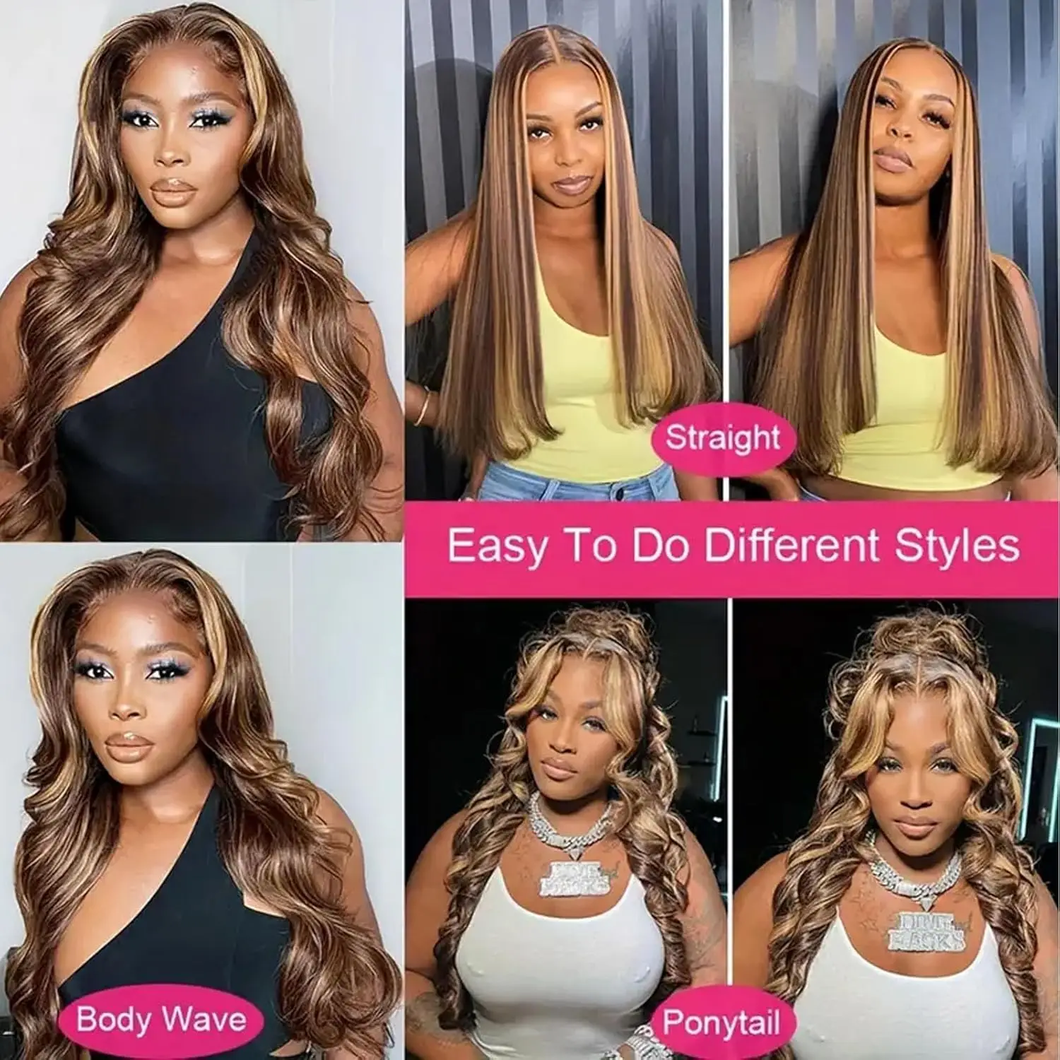 Highlight Ombre Lace Front Wig Human Hair 13x4 HD Straight Lace Front Wigs 200% Density 4/27 Honey Blonde HD Lace Frontal Wigs