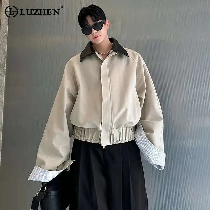 LUZHEN Spring Design Leather Collar Trendy Jacket Personalized Handsome Classy Versatile Color Contrast Tops
