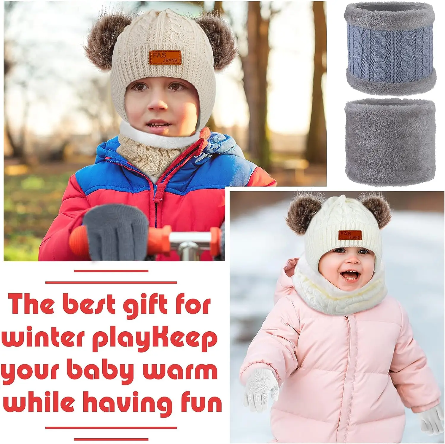 3Pcs/Set  Kids Winter Beanie Hat Scarf Gloves Warm Suit For Children 1-8 Years Old Girls Boy Warm Double Pompoms Knited Cap