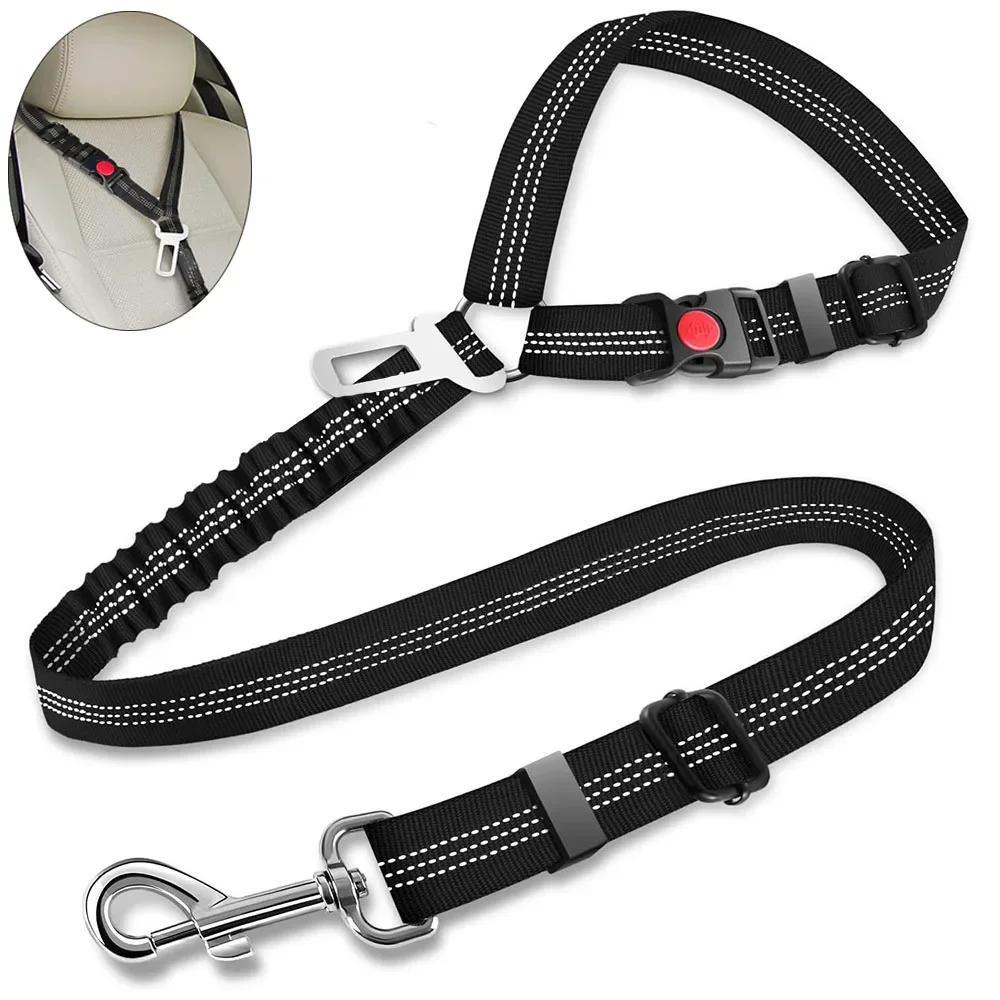 3in1 Dog Seat Belts Retractable Dog Car Seatbelt Reflective Elastic Nylon Pet Seat Belt for Vehicle Headrest Adjustable for Dogs