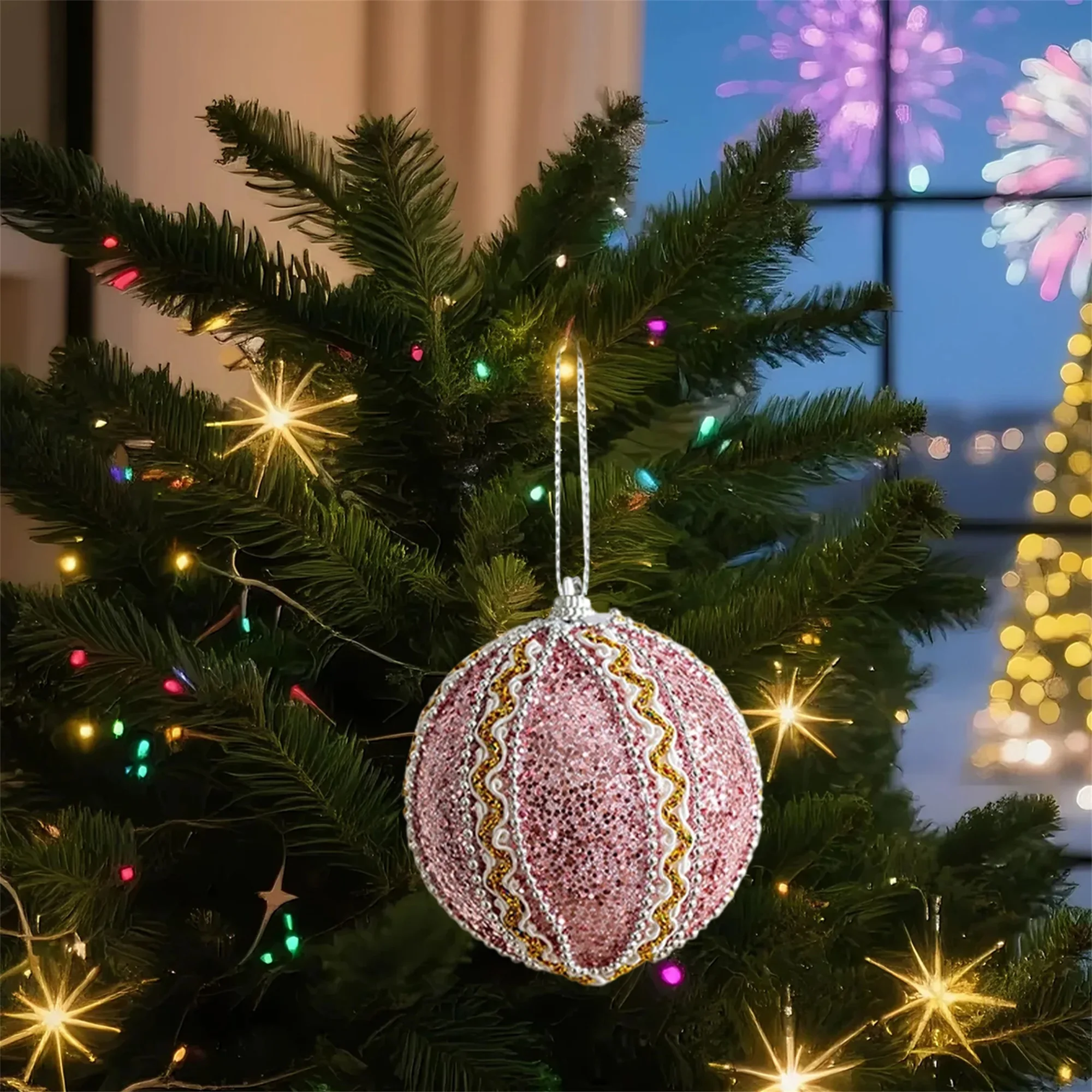 Christmas Tree Ornaments Glitter Plastic Ball Present Welcome Sign Ornaments Hanging Decorations for Home and Office