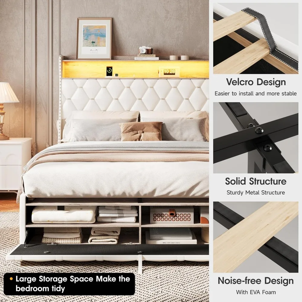 Large Bed Frame, 51.9-inch High Wing Back Cushioned Storage Headboard, with USB Charging, LED Platform Bed 6