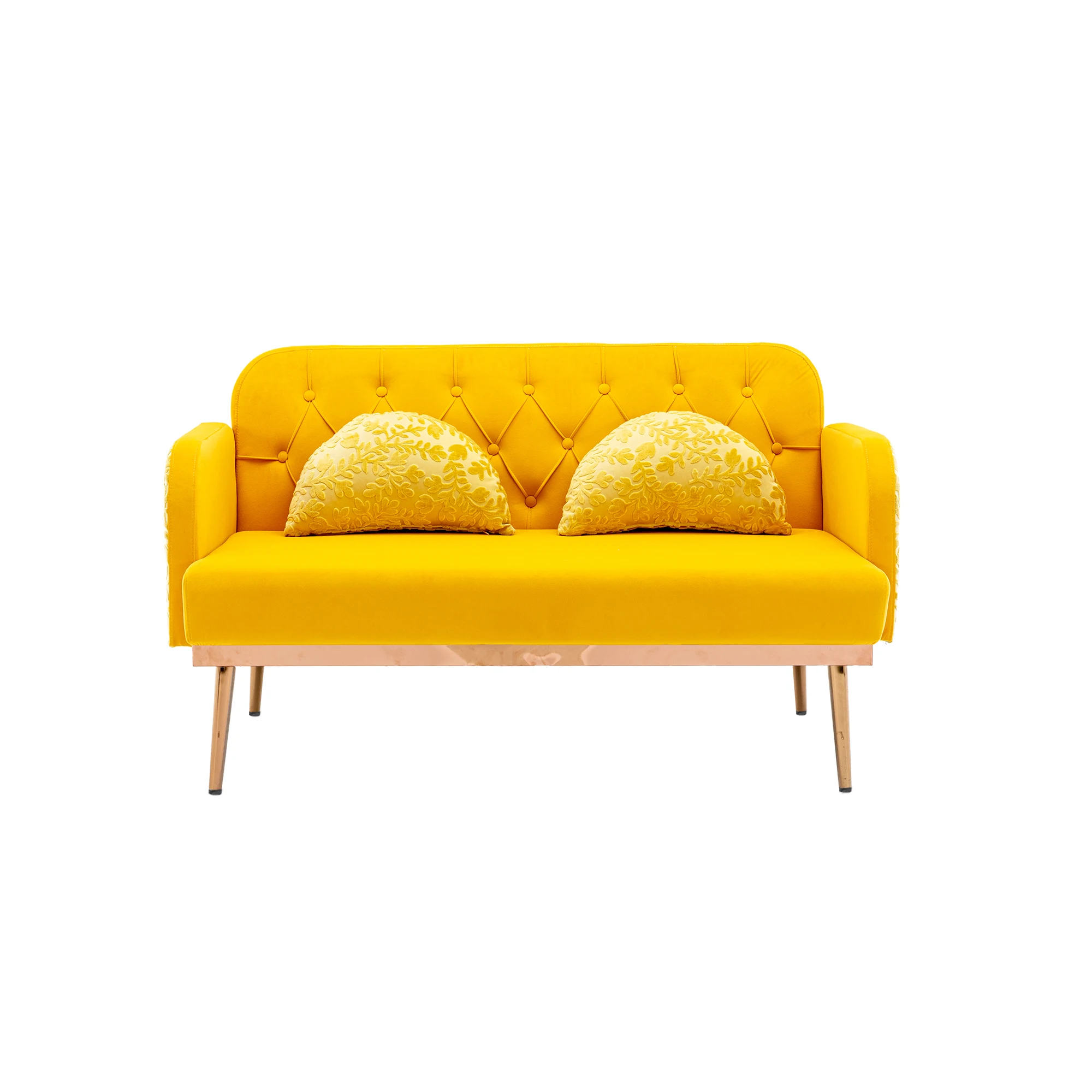 Sofá pequeño de terciopelo de 55 pulgadas con elegantes almohadas en forma  de luna, sofá de dos plazas de tamaño individual con patas de metal dorado