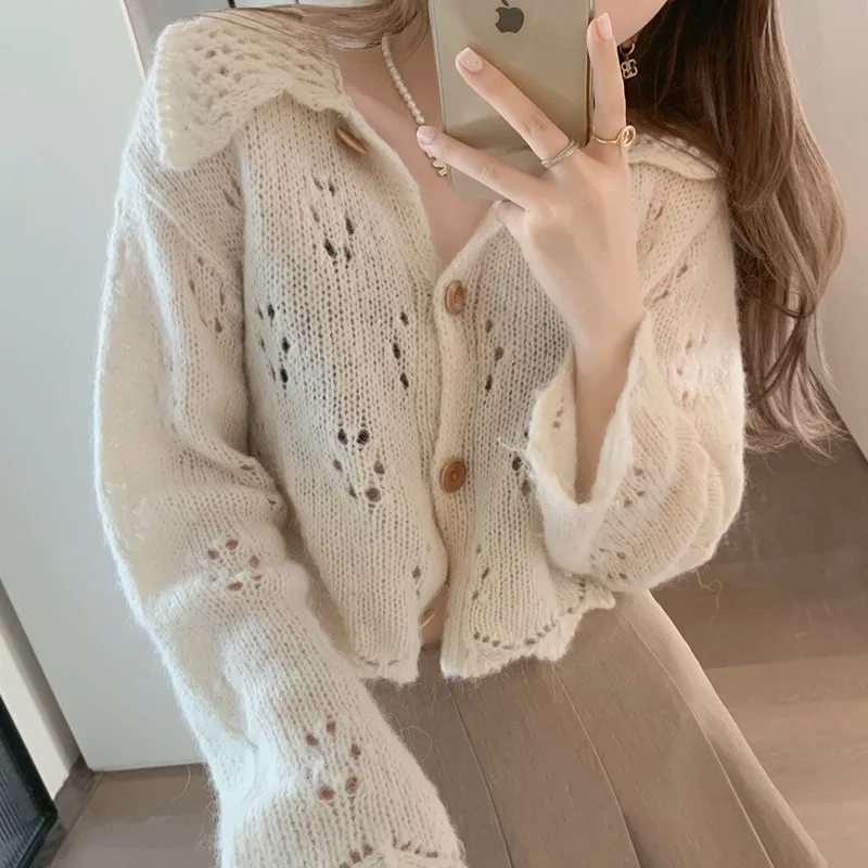 New Autumn and Winter Lapel Women's Long-sleeved Cardigan Sweater Fashionable and Elegant Single-breasted Solid Color Blouse