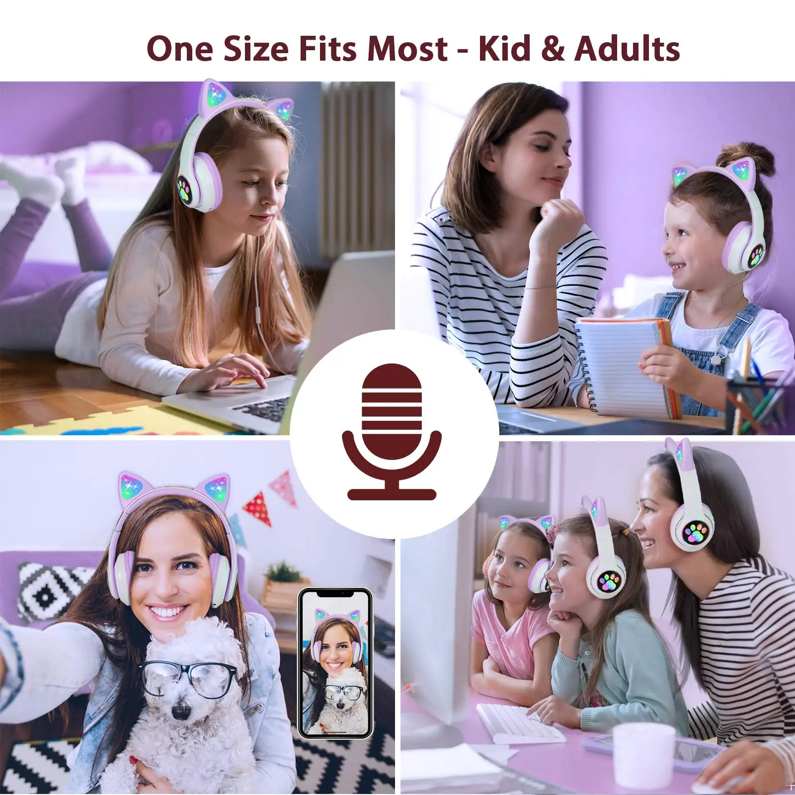 Cute Cat Headphones Bluetooth 5.0 Kids Wireless Headset Mic Led Light Headphones Ipad Laptop Girl Birthday Gift
