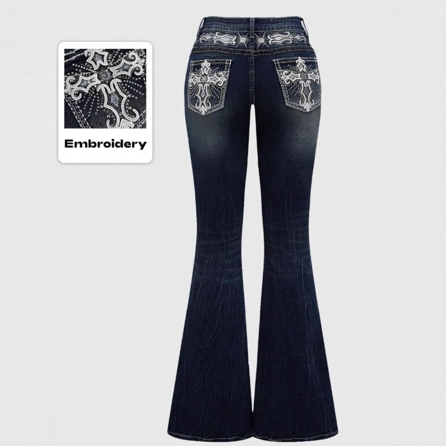 2026Trendy Y2K Style Flare Jeans for Women Dark Wash Skinny Fit with Rhinestone Embroidery Pocket Streetwear Casual Denim