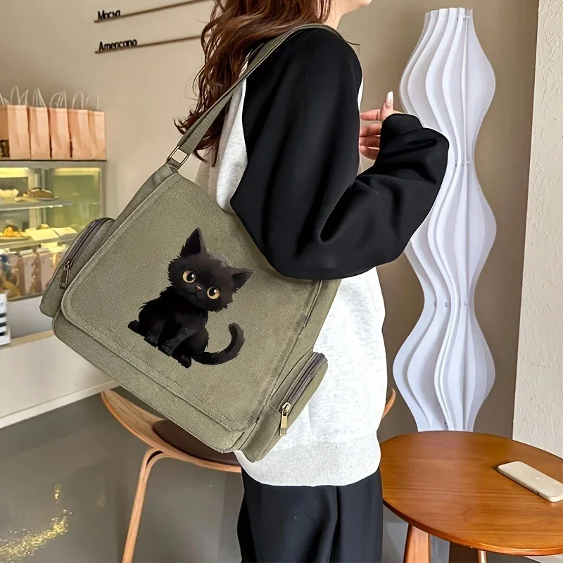 Cute Cat Pattern Canvas Bag Women's Multiple Pockets Shoulder Bag Army Green Crossbody Laptop Bag For Women Shopping