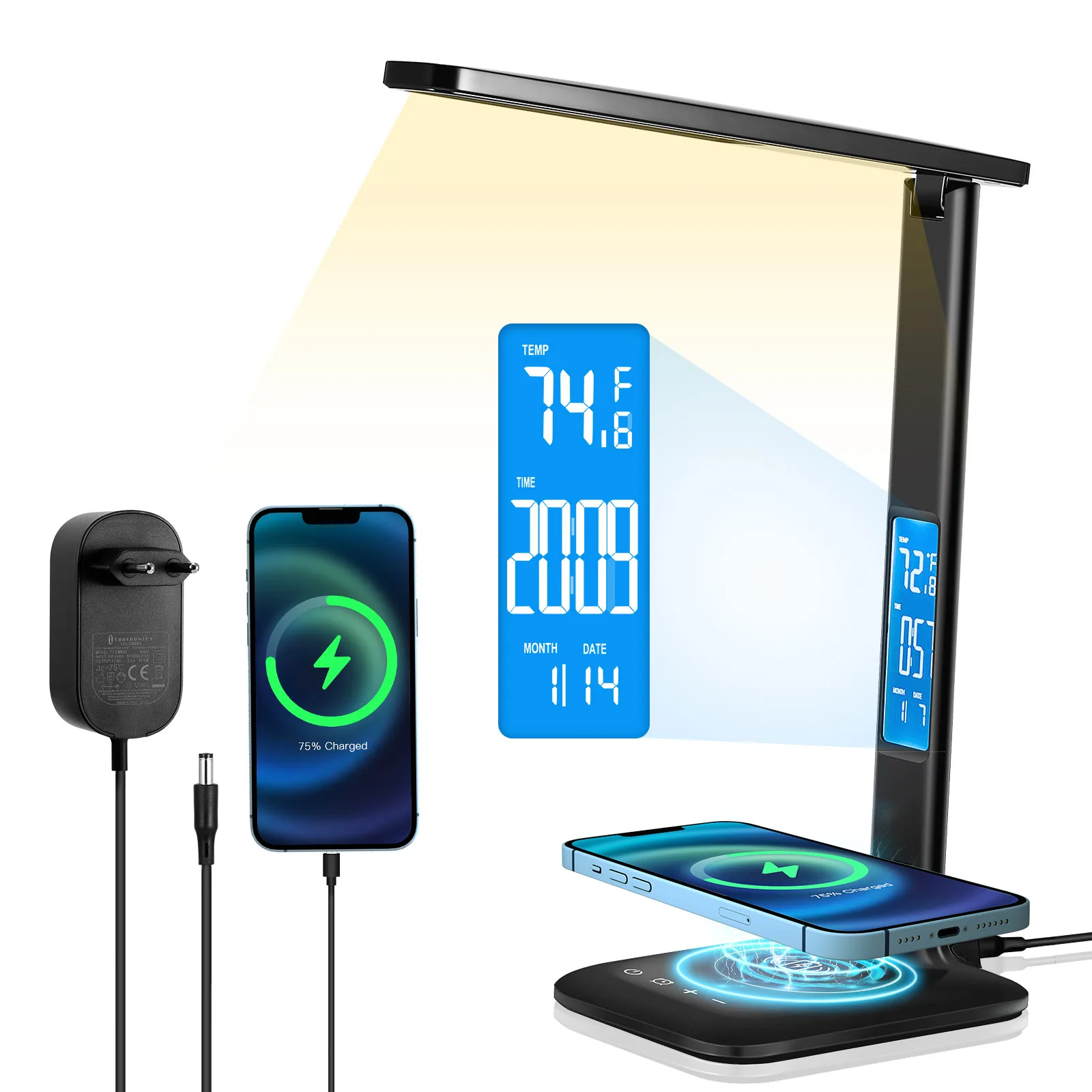 

10W Wireless Charging LED Desk Lamp With Night Light Calendar Temperature Alarm Clock Fold Table Lamps Eye Protect Study Lights