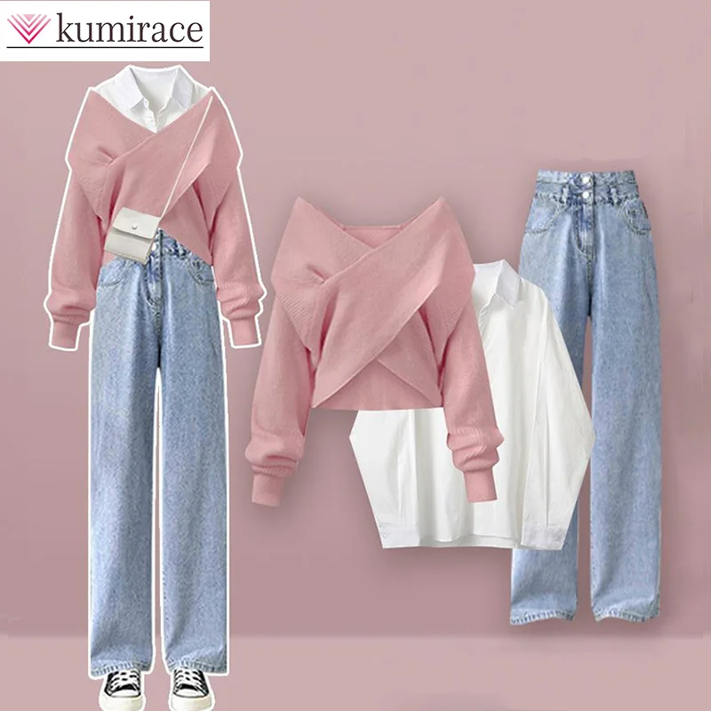 Winter Set Women's 2023 New Korean Gentle Style Loose Red Sweater Versatile Shirt Jeans Three Piece Setwinter Sets for Women cn0288 women s 2023 the low price of new listing beaded knitted sweater three piece shirts for crop top women sets vgh
