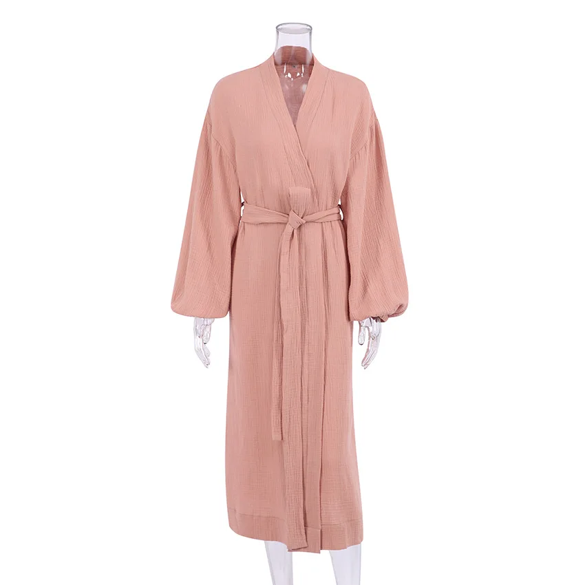 Solid Color Sleepwear Womens Robe Puff Sleeves Bathrobe Female Nightwear Cotton Robes Women Home Wear Spring Loungewear