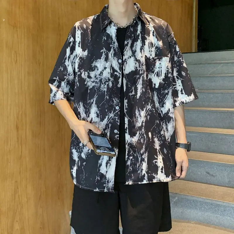Elegant Fashion Harajuku Slim Fit Male Clothes Loose Casual All Match Outerwear Square Neck Printed Button Short Sleeve Blusa