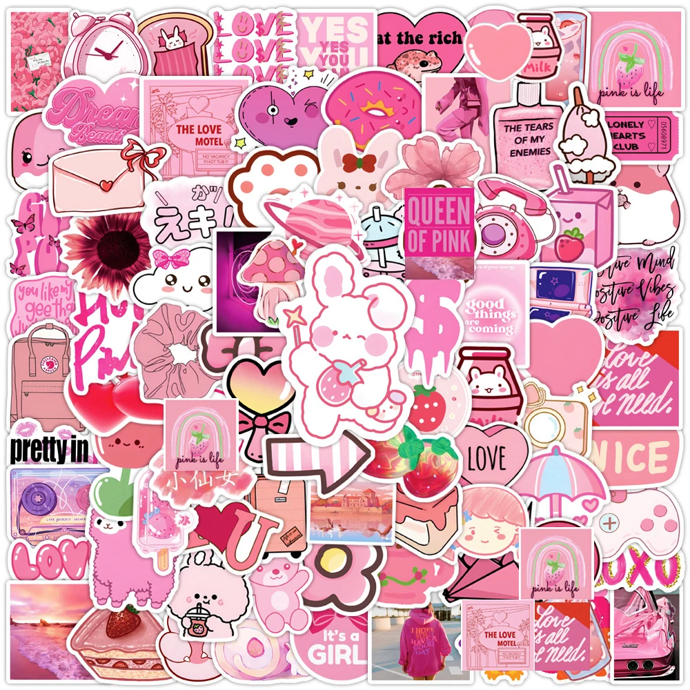 10/30/50/100pcs Kawaii Vsco Pink Aesthetic Stickers Cartoon Decals DIY Laptop Scrapbook Guitar Decoration Sticker for Girls Kids