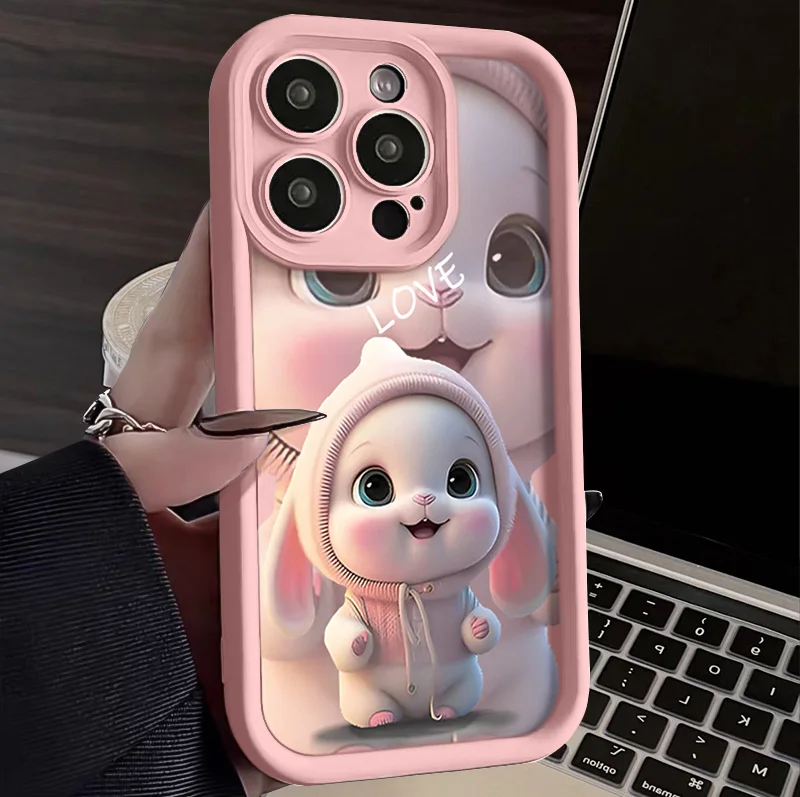 Lovely Pink Rabbit Phone Case For iPhone 15 14 13 Pro Max 12 11 Mini XR XS X 7 8 Plus SE2 Soft Silicone Shockproof Cover Shell